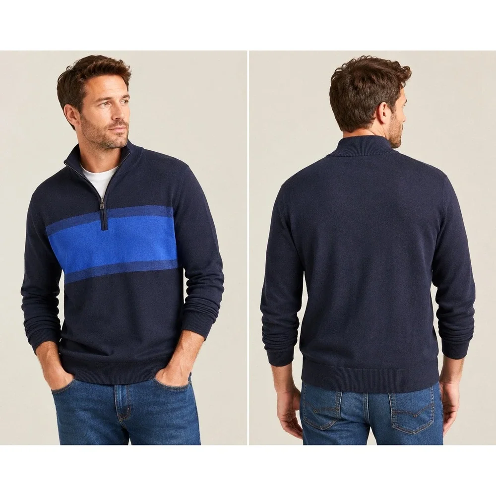 Banana Republic Mens Cotton Cashmere Quarter Zip Sweater Navy Blue Stripe Large
